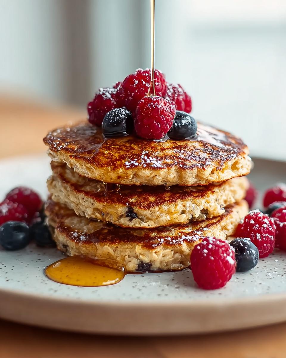 A stack of three Oatmeal Pancakes with Hearty Texture topped with fresh raspberries, blueberries, and drizzled with syrup.
