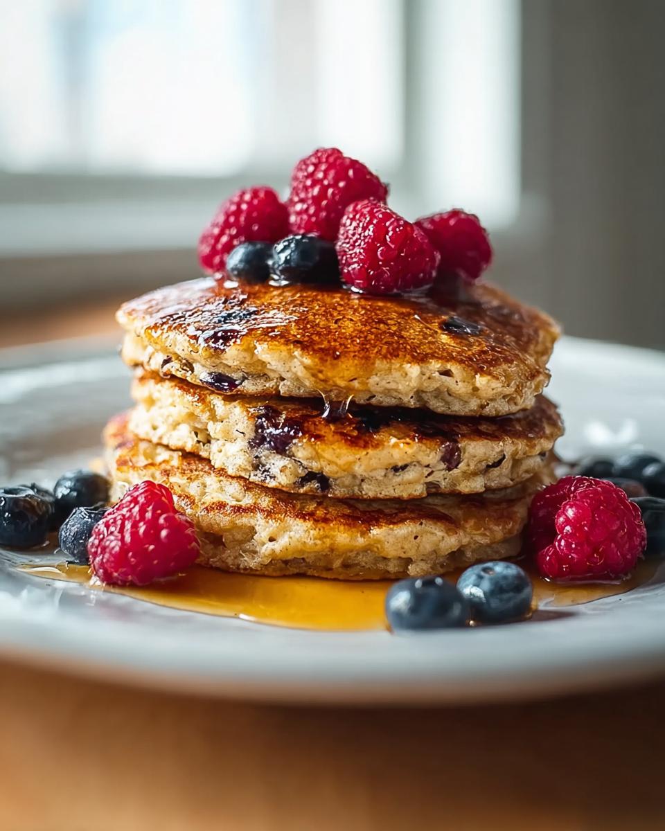 A stack of three Oatmeal Pancakes with Hearty Texture, topped with fresh raspberries and blueberries, drizzled with syrup.