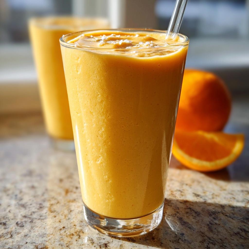 Close-up of a vibrant Orange Cream Smoothie with Citrus Sweetness topped with cream, next to fresh orange slices.