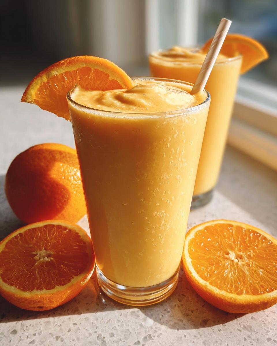 A tall glass filled with a thick, creamy Orange Cream Smoothie, garnished with an orange slice.