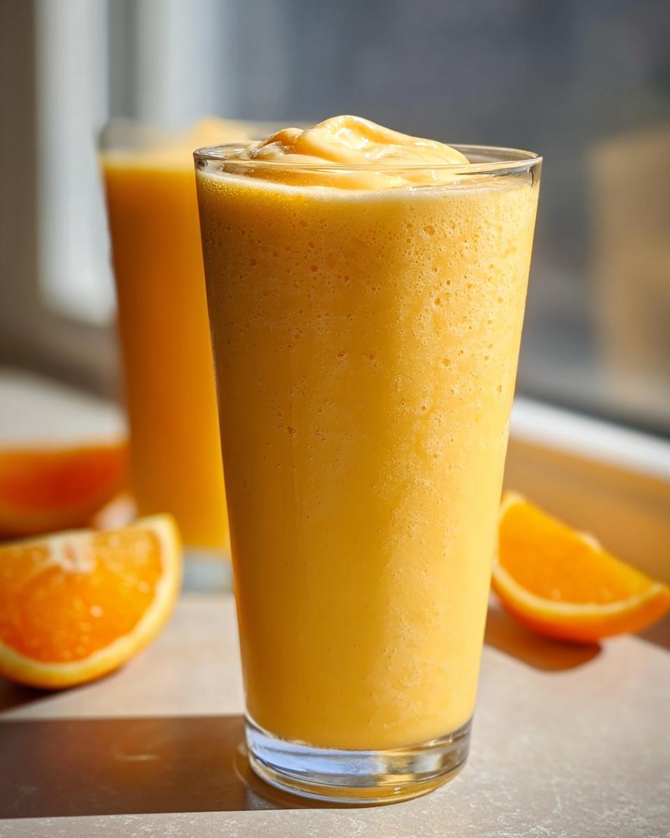 A tall glass filled with a thick, bright orange cream smoothie, garnished with fresh orange slices.