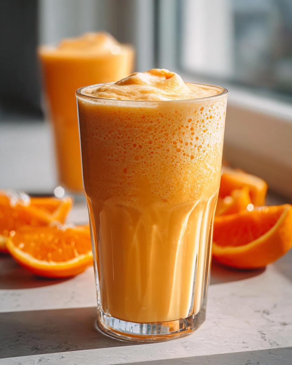 A tall glass filled with a thick, frothy Orange Cream Smoothie with Citrus Sweetness, garnished with orange slices nearby.