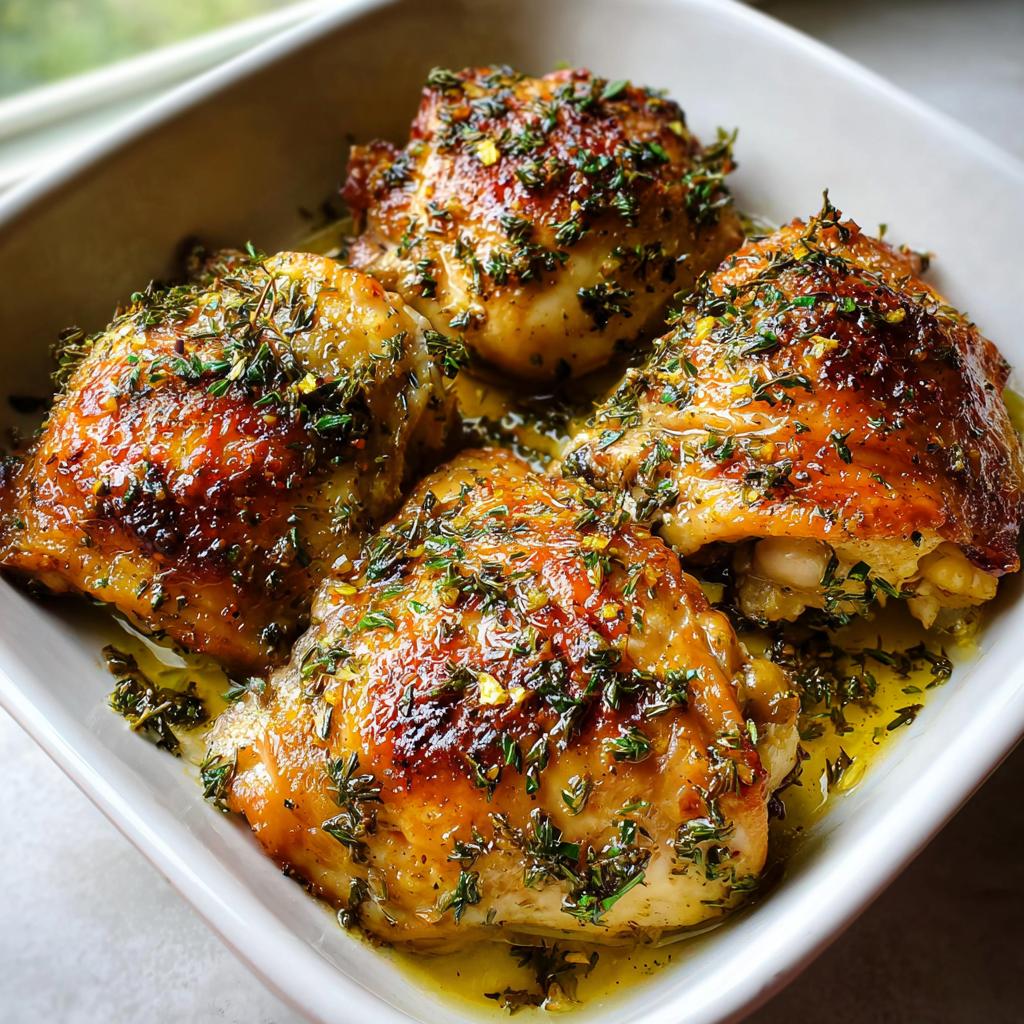 Four golden-brown chicken thighs seasoned heavily with herbs, sitting in lemon herb sauce.