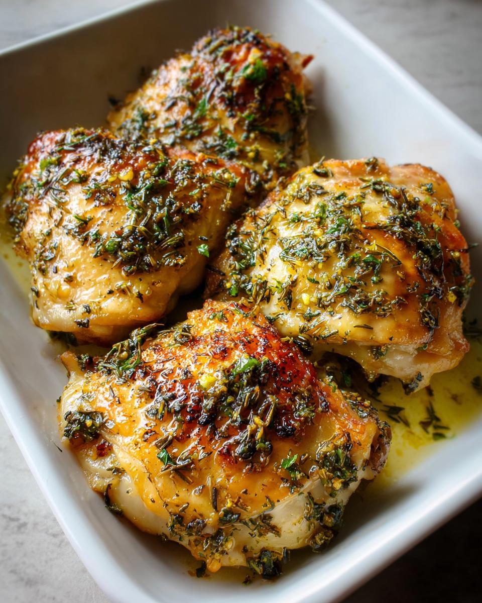 Four golden brown chicken thighs baked with lemon and herbs, resting in pan juices.