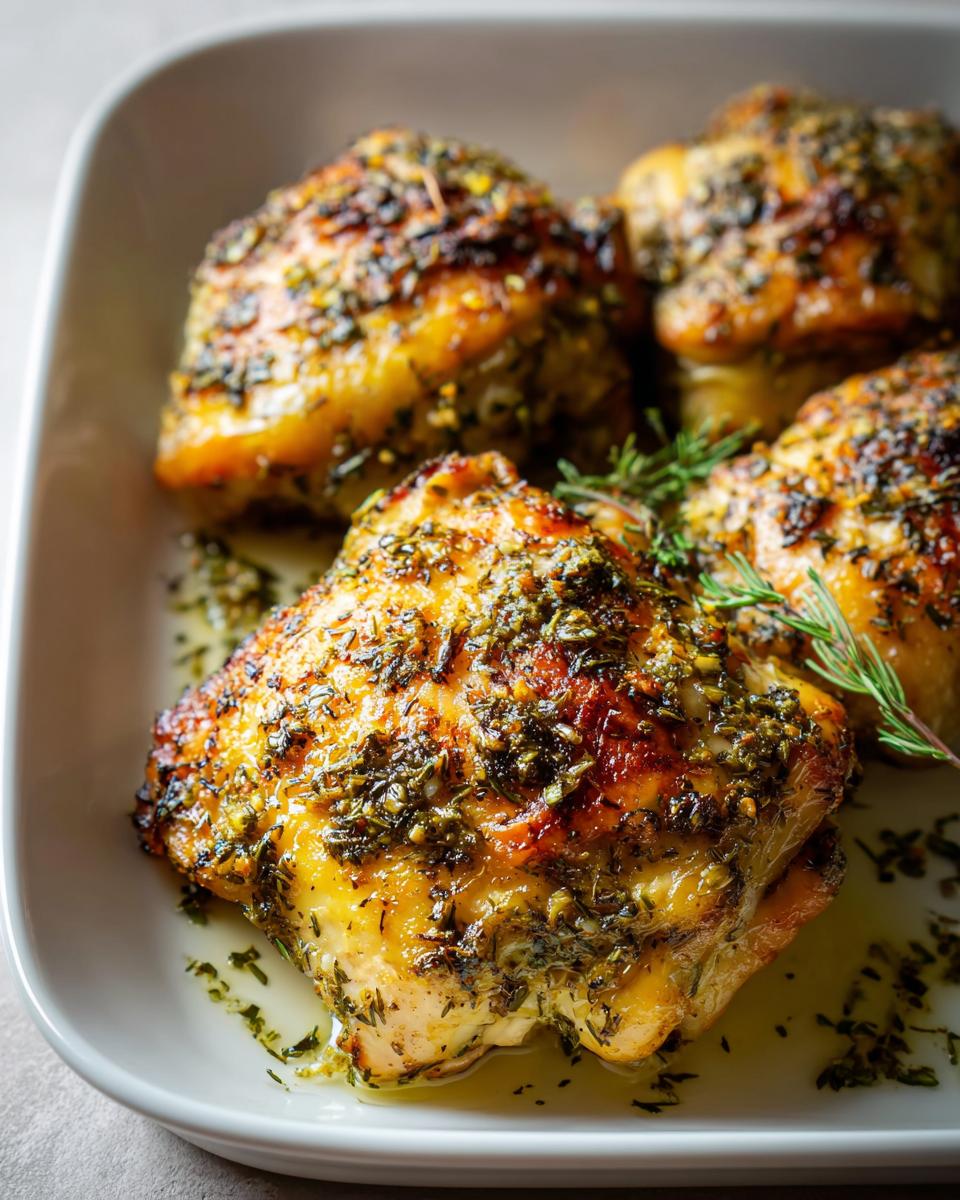 Close-up of golden brown Oven Baked Lemon Herb Chicken that stays juicy, seasoned with herbs.
