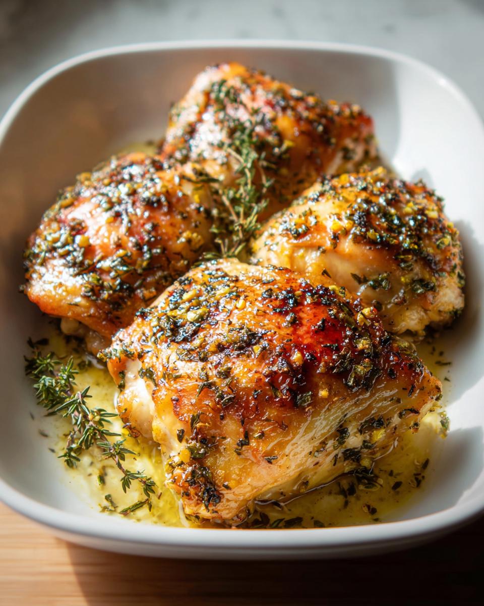 Four pieces of Oven Baked Lemon Herb Chicken That Stays Juicy, glistening in pan juices and topped with herbs.