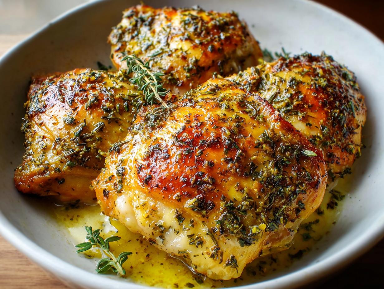 Close-up of golden brown Oven Baked Lemon Herb Chicken that Stays Juicy, coated in herbs and resting in pan juices.