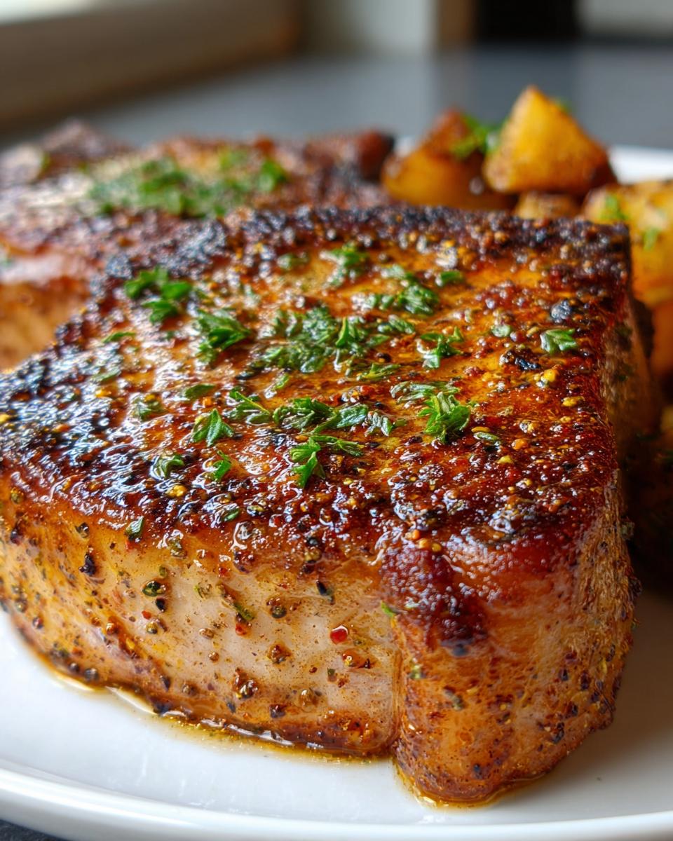 Close-up of a thick, seasoned Oven Baked Pork Chop that Stay Tender, garnished with fresh parsley.