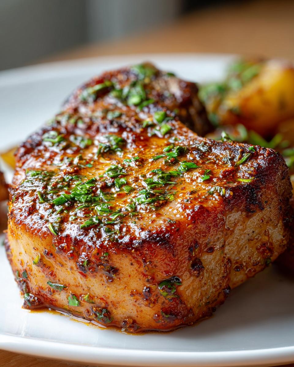 Close-up of a thick, juicy Oven Baked Pork Chop that Stay Tender, glazed and topped with fresh herbs.