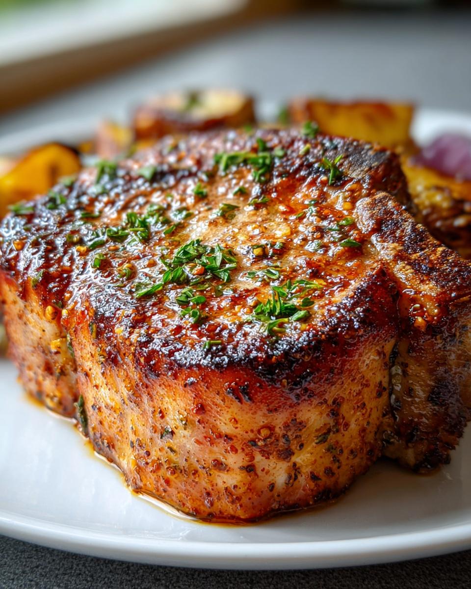 Close-up of a thick, glazed Oven Baked Pork Chop that Stay Tender, topped with fresh herbs.