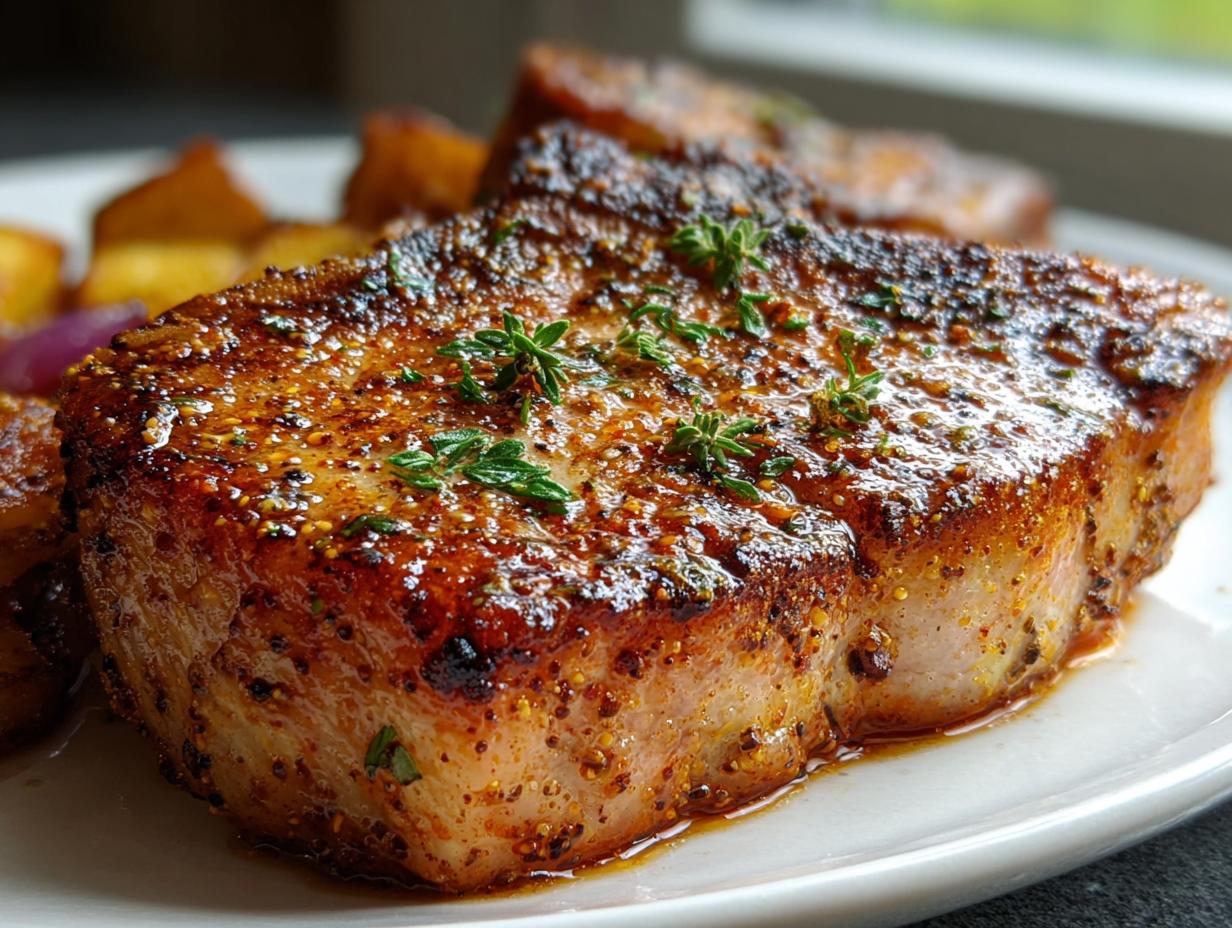 Close-up of a thick, juicy Oven Baked Pork Chop that Stay Tender, seasoned with herbs and spices.