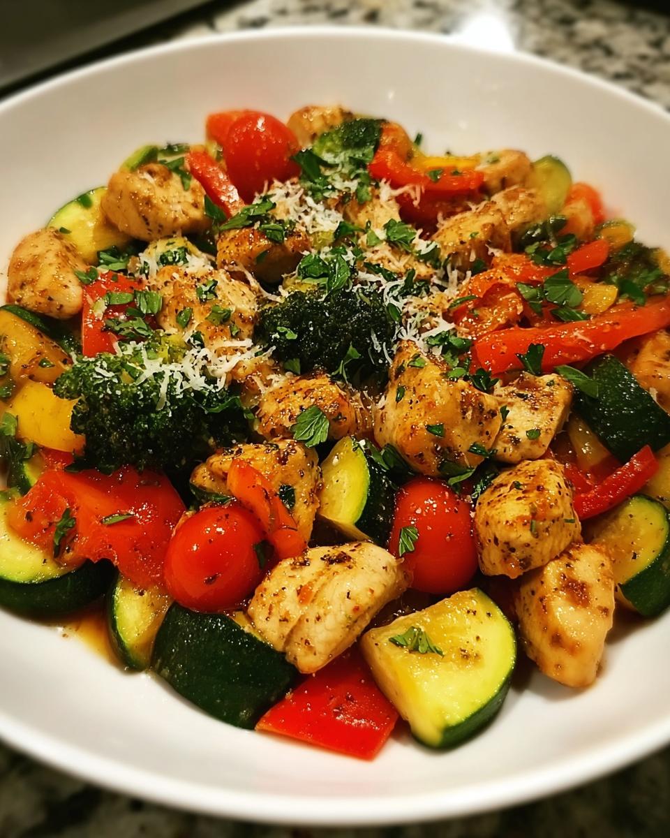 A white bowl filled with Pan Chicken and Veggies with Bold Seasoning, topped with cheese and parsley.