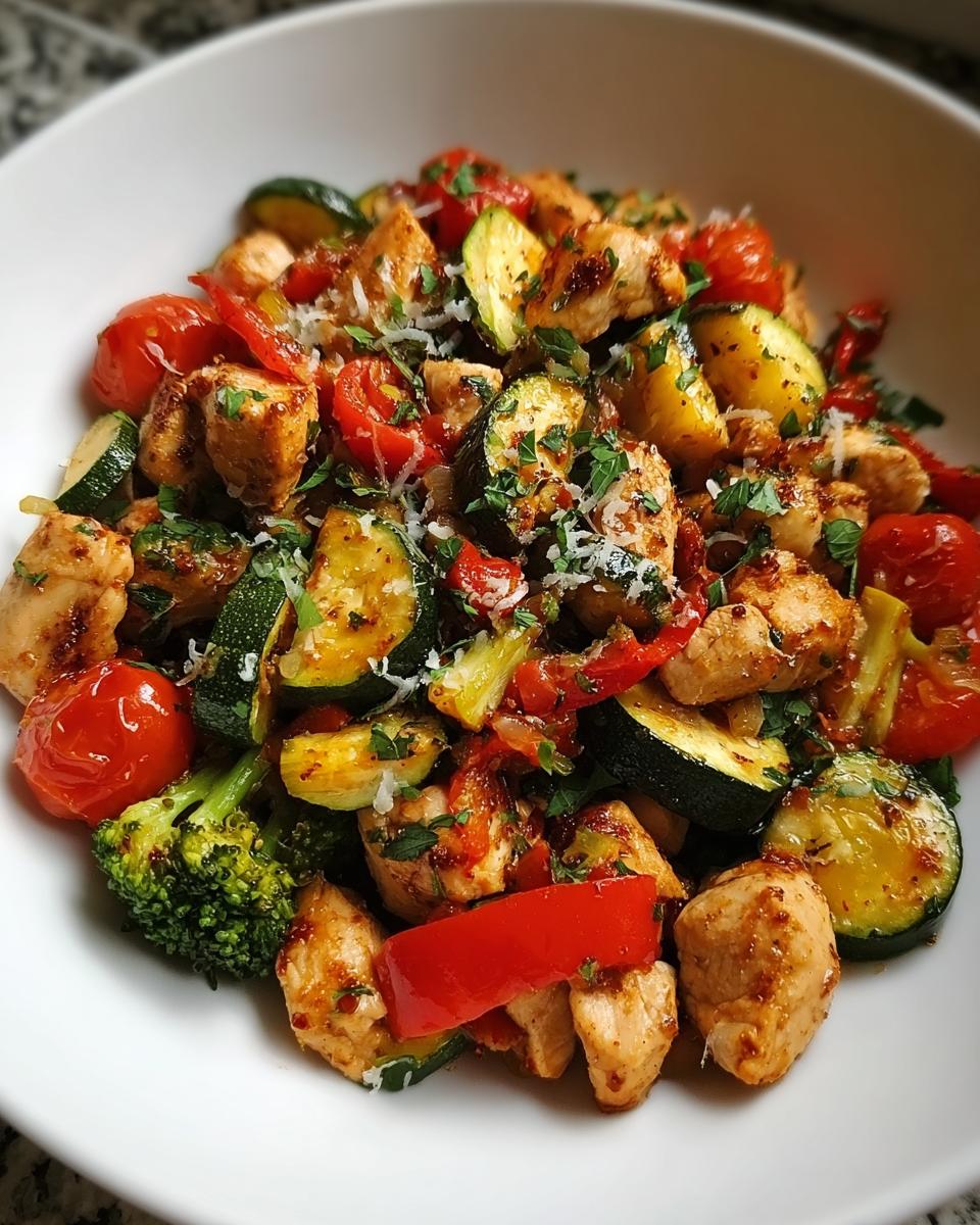 Close-up of Pan Chicken and Veggies with Bold Seasoning, featuring seasoned chicken, zucchini, and tomatoes.