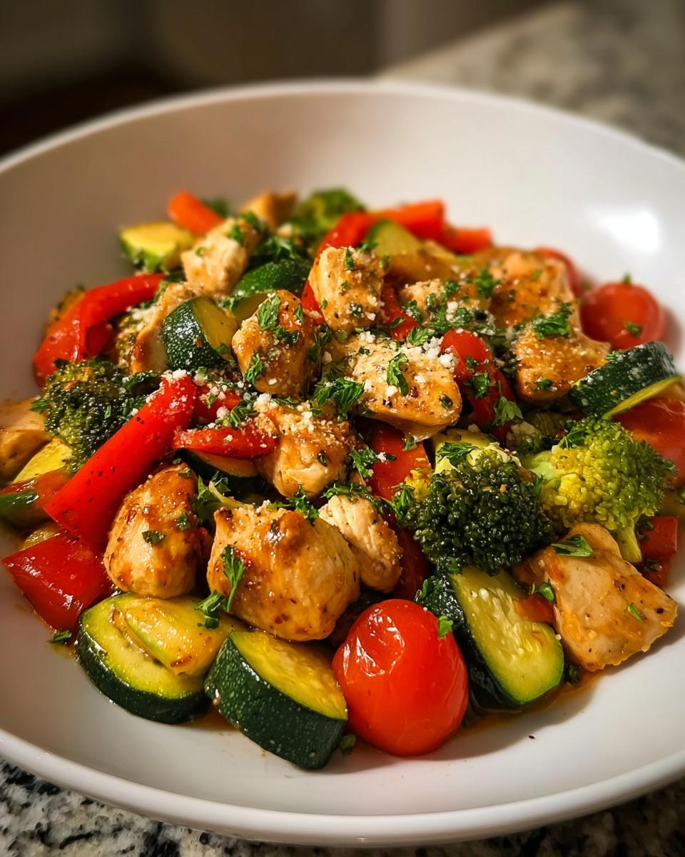 Close-up of Pan Chicken and Veggies with Bold Seasoning, topped with cheese and parsley.