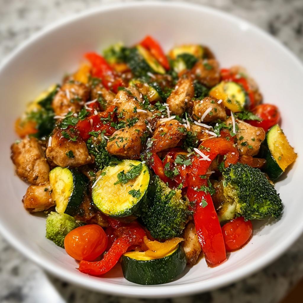 A close-up of Pan Chicken and Veggies with Bold Seasoning, featuring seasoned chicken pieces mixed with zucchini, broccoli, and peppers.