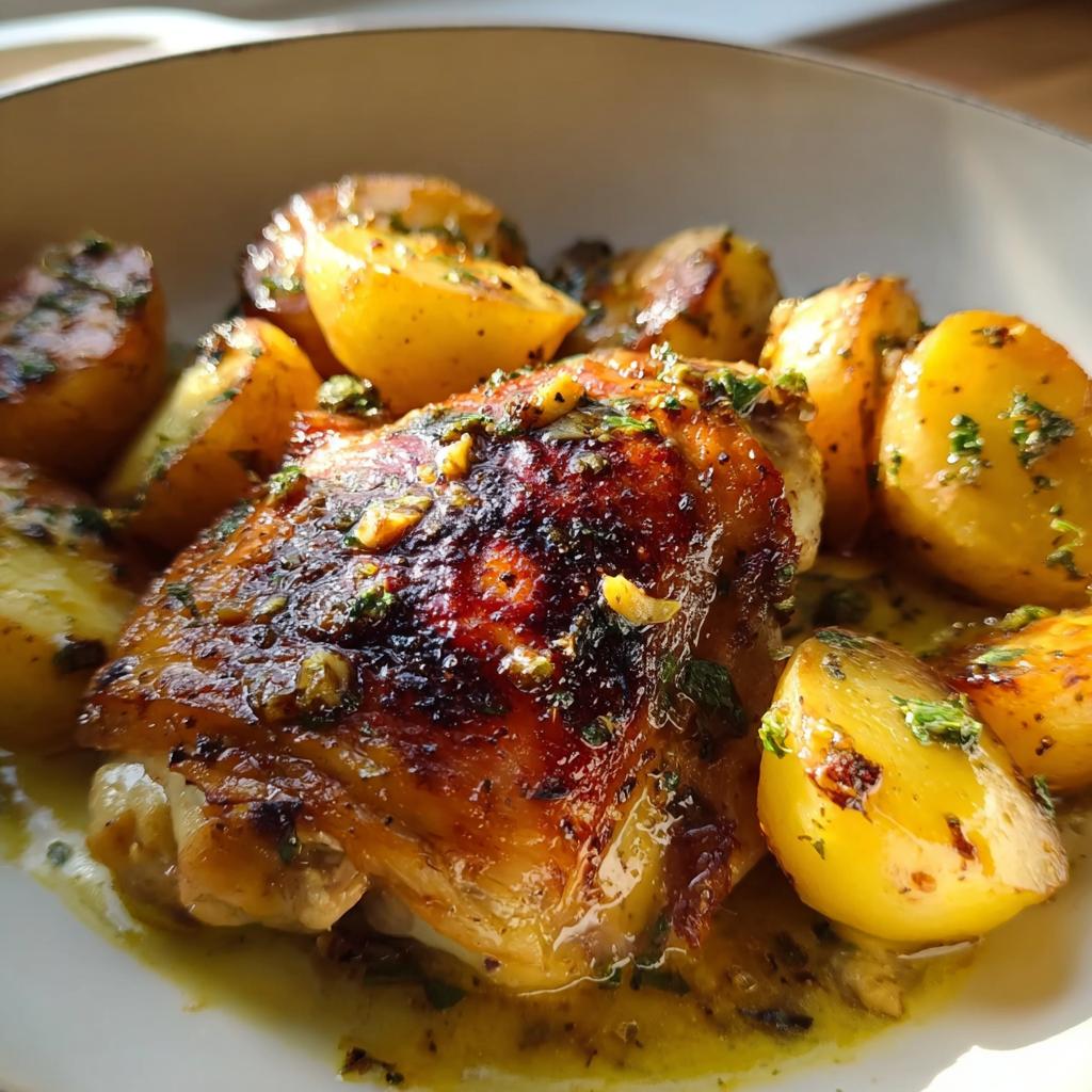 Close-up of Pan Roasted Chicken Thighs with crispy skin, served with roasted potatoes in garlic butter sauce.