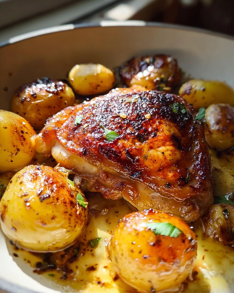 Close-up of a perfectly browned Pan Roasted Chicken Thighs with Garlic Butter served with small roasted potatoes.