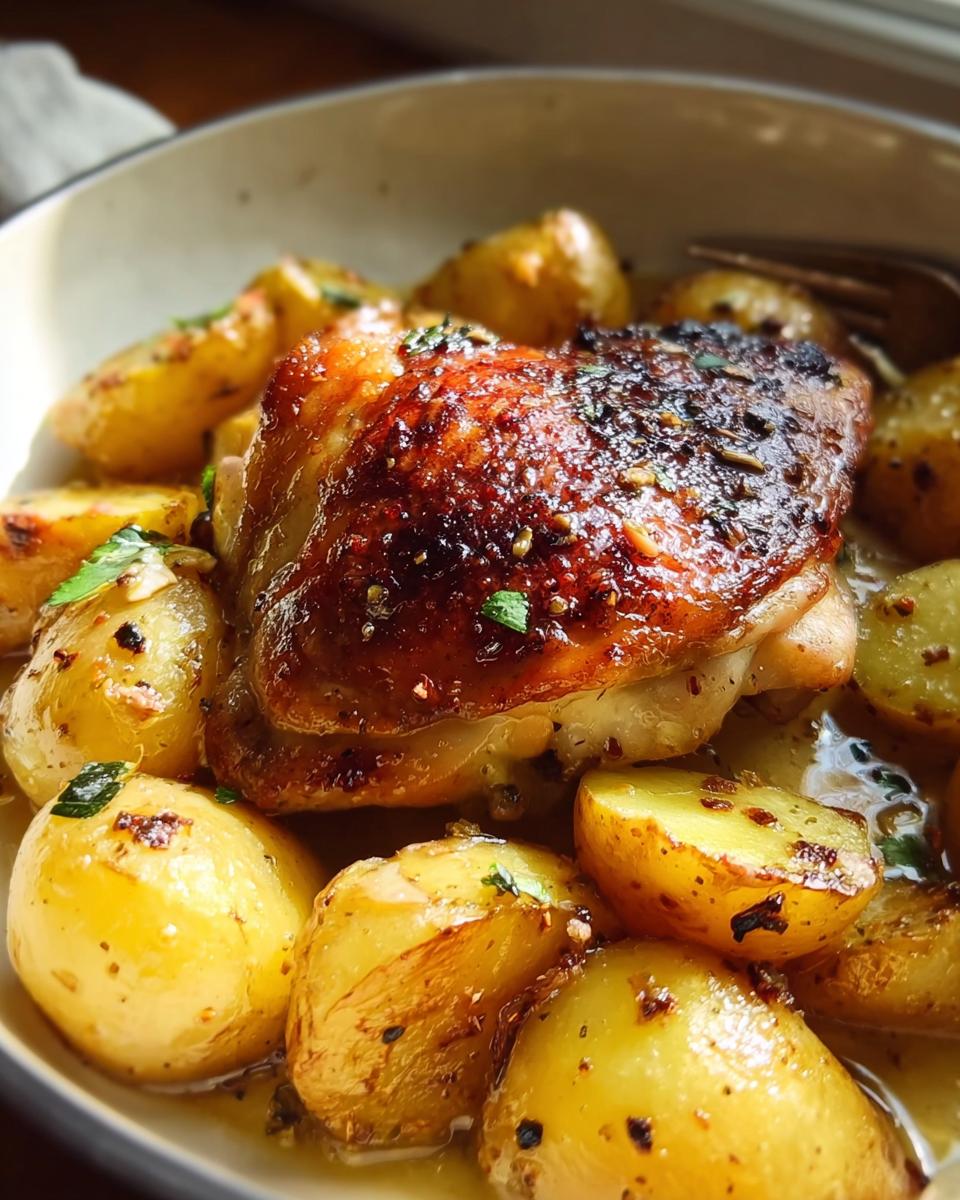 Close-up of a crispy Pan Roasted Chicken Thighs served with golden roasted potatoes in garlic butter sauce.