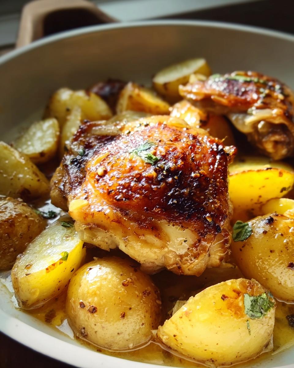 Close-up of crispy Pan Roasted Chicken Thighs with Garlic Butter served over roasted potatoes in a savory sauce.