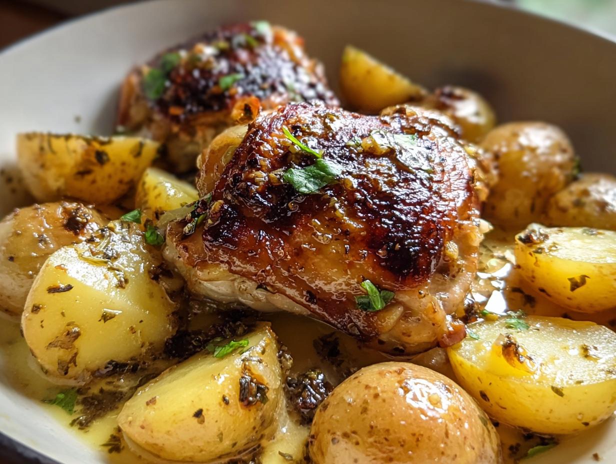 Close-up of crispy Pan Roasted Chicken Thighs with Garlic Butter served over roasted potatoes.