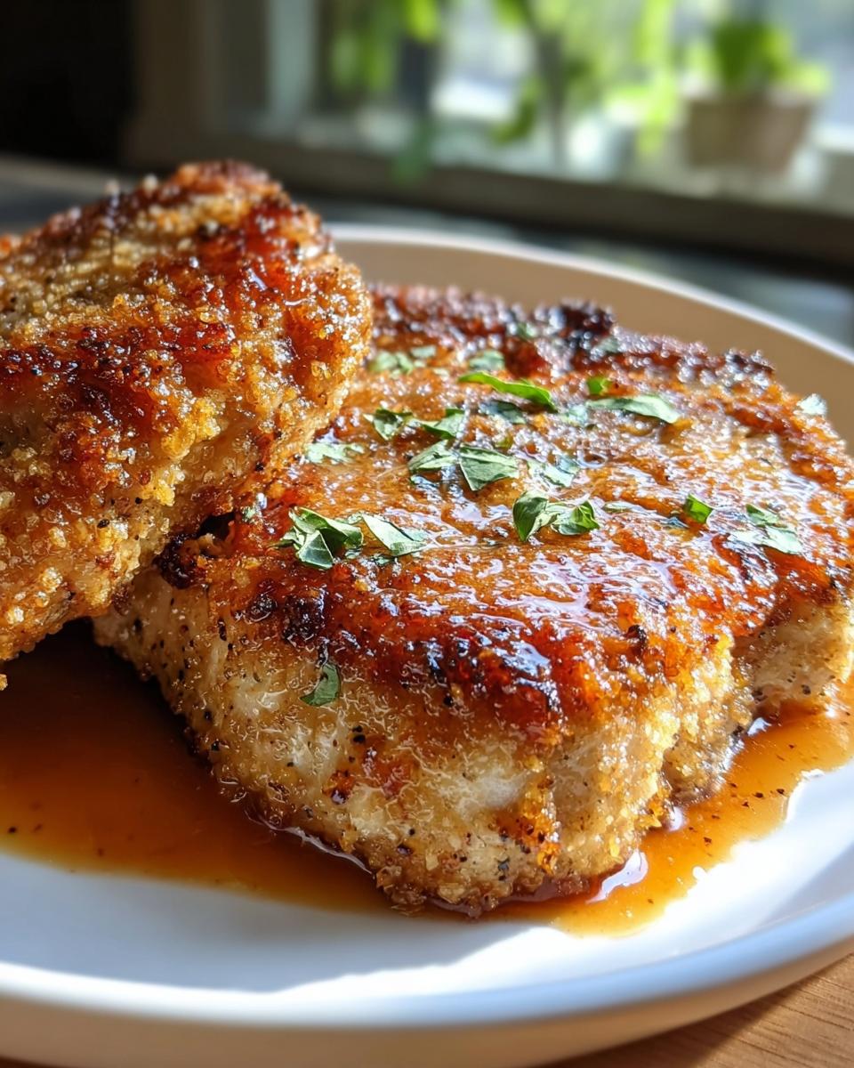 Two golden brown Parmesan Crusted Pork Chops with Crunch served in a light sauce and garnished with parsley.