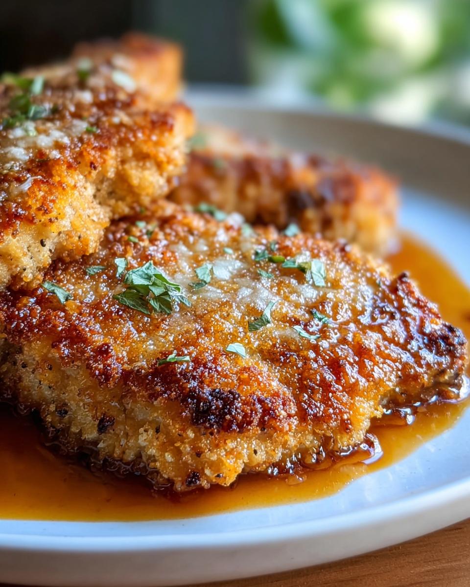 Close-up of golden brown Parmesan Crusted Pork Chops with Crunch resting in a savory sauce.