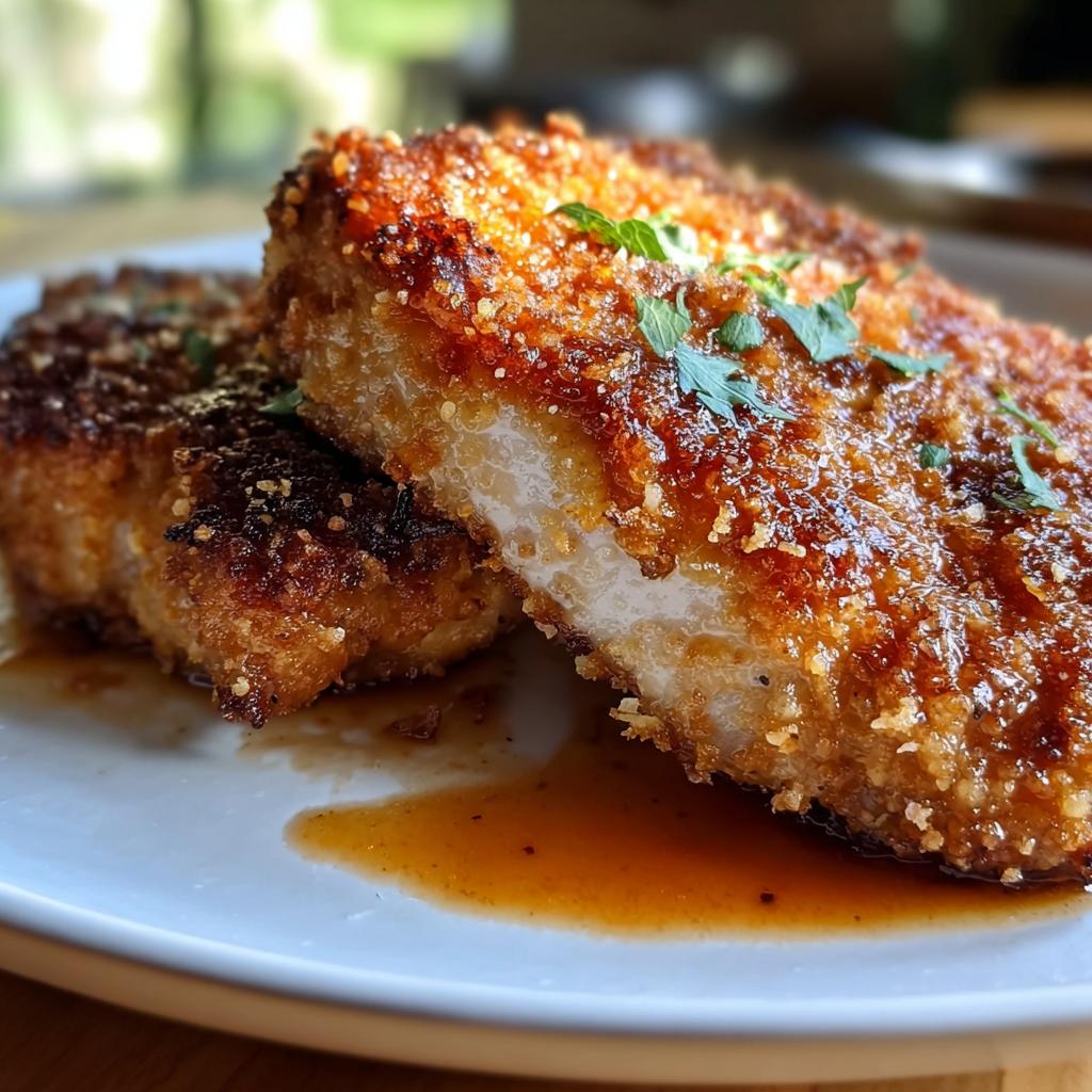 Two golden brown Parmesan Crusted Pork Chops with Crunch served on a white plate with pan sauce.