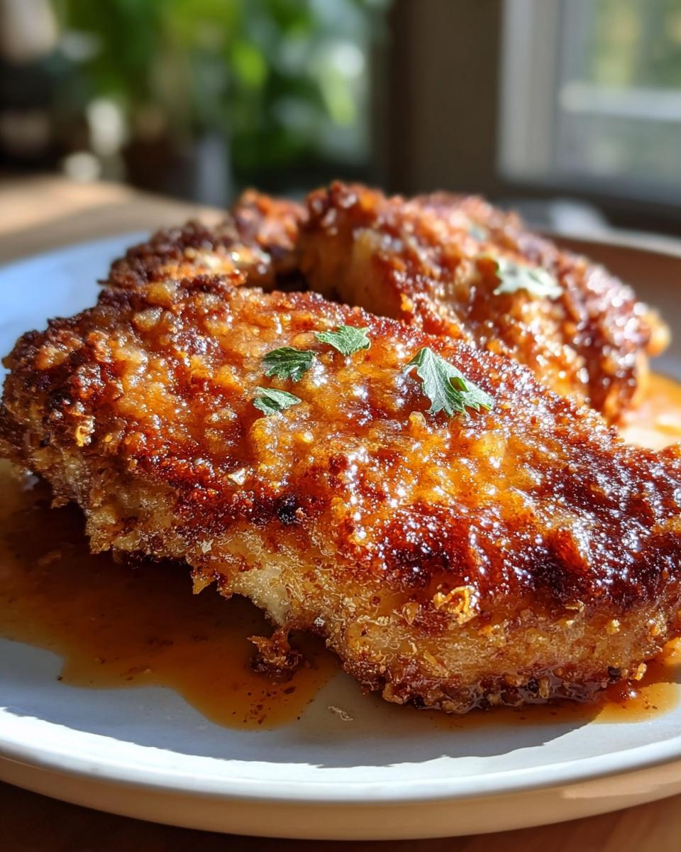 Close-up of golden brown Parmesan Crusted Pork Chops with Crunch glistening in sauce.