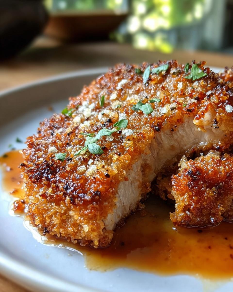 A close-up of a juicy Parmesan Crusted Pork Chop with Crunch, sliced open on a plate with pan sauce.
