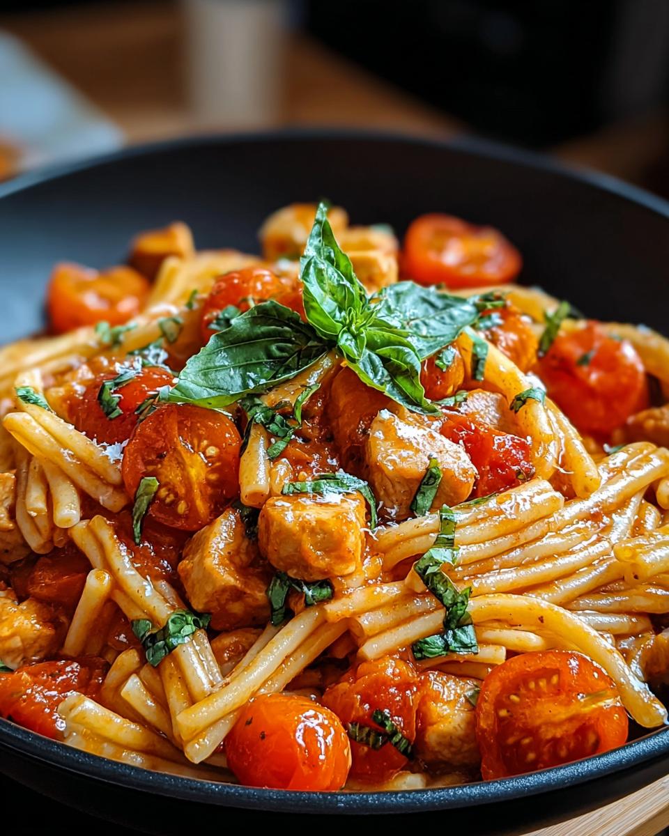 Close-up of pasta coated in rich Tomato Basil Pasta Sauce with cherry tomatoes and topped with fresh basil.