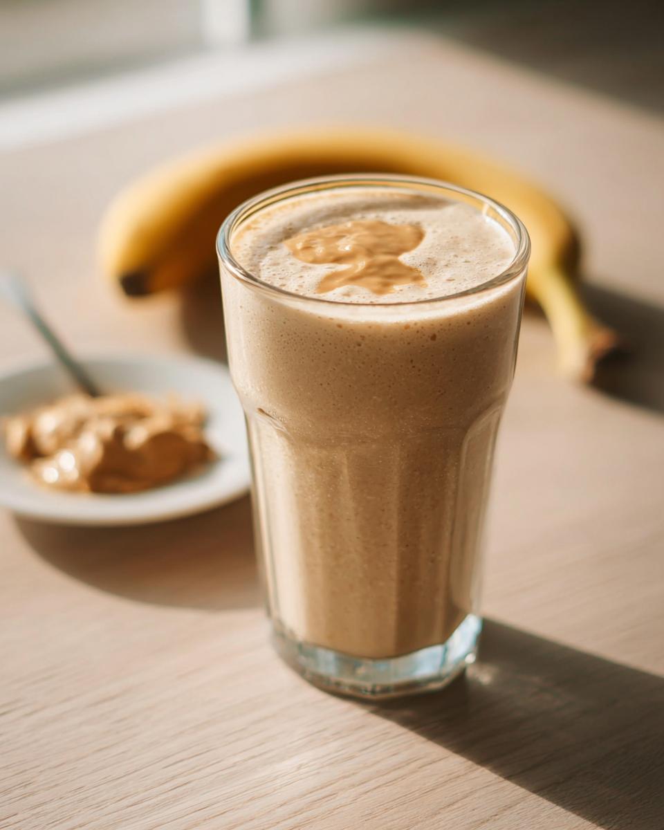 A tall glass of Peanut Butter Banana Smoothie for Breakfast topped with a swirl of peanut butter.