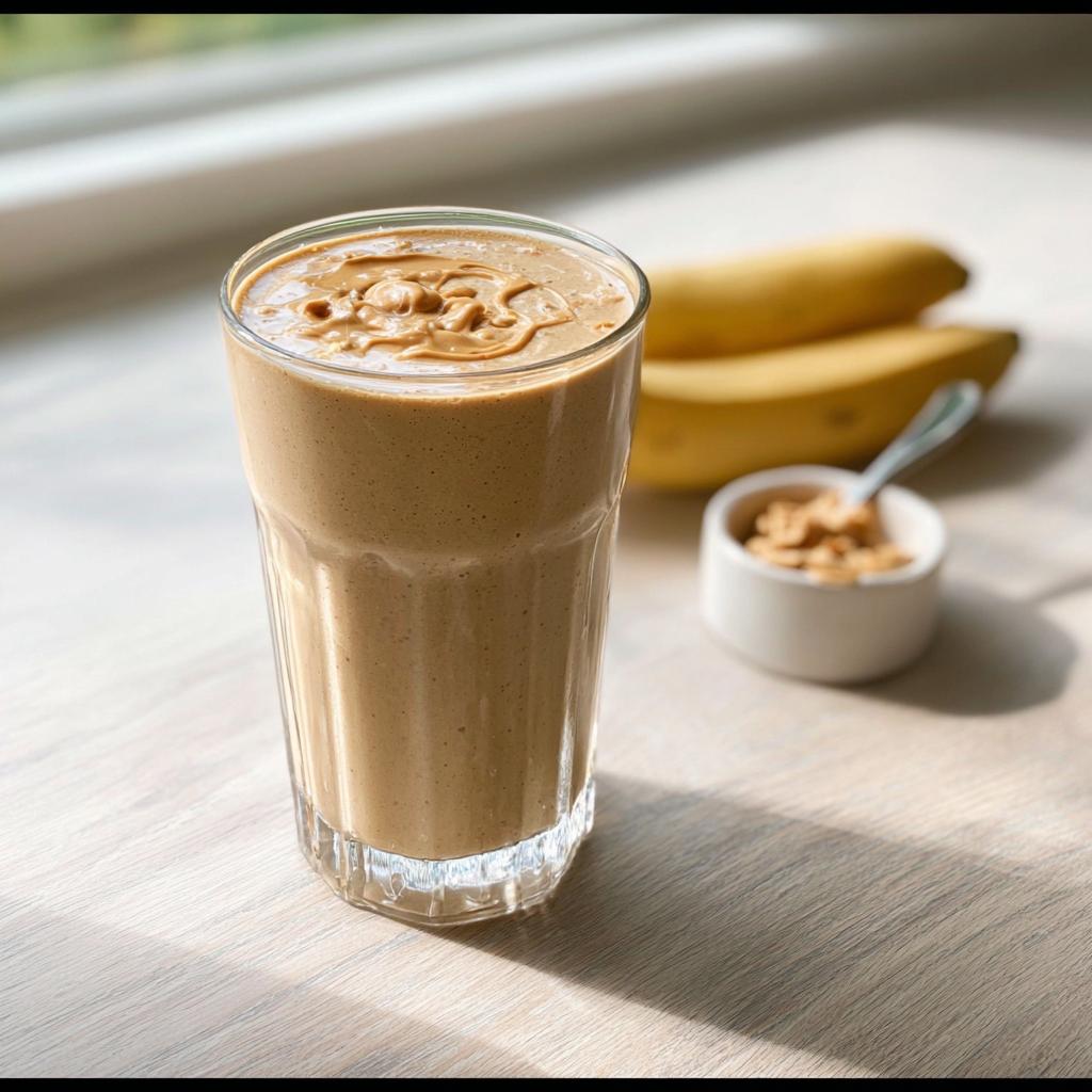 A tall glass of creamy Peanut Butter Banana Smoothie for Breakfast, topped with peanut butter swirls.