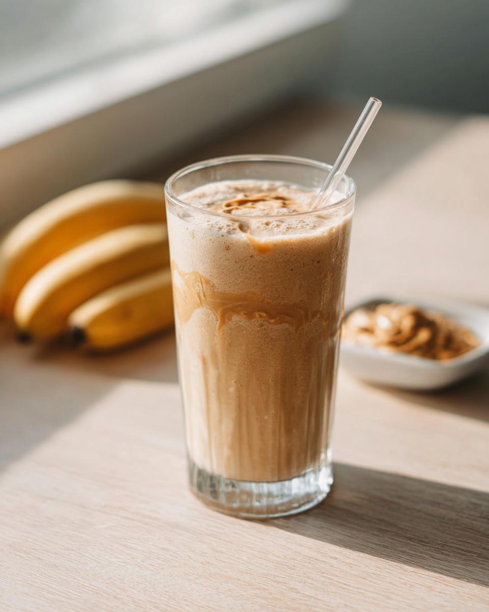 A tall glass of creamy Peanut Butter Banana Smoothie for Breakfast with a straw, next to bananas and peanut butter.