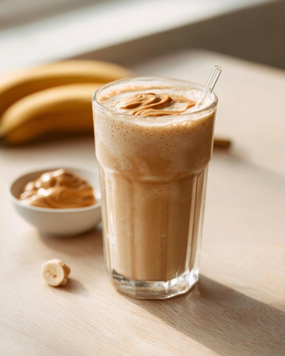 A tall glass of creamy Peanut Butter Banana Smoothie for Breakfast topped with peanut butter swirls.