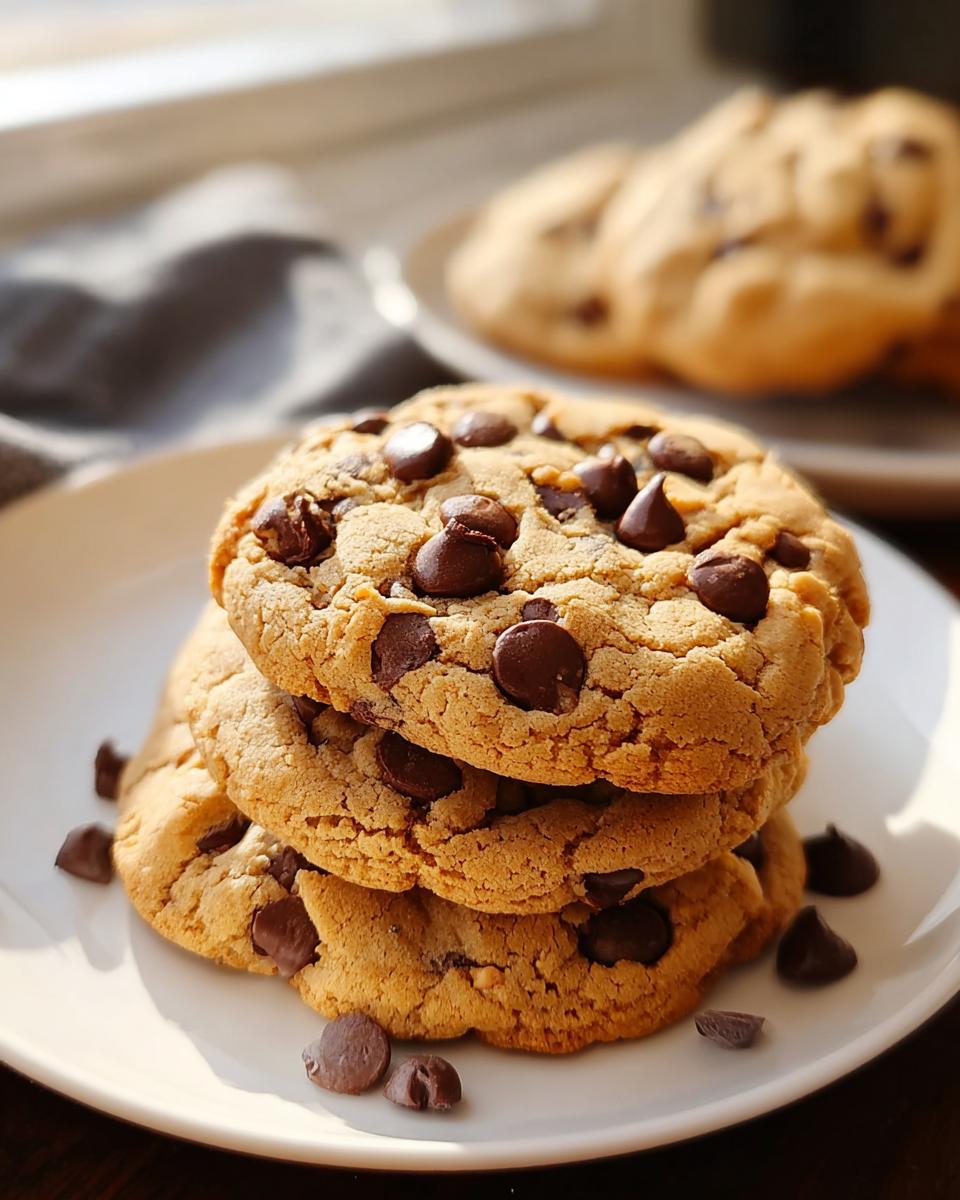 A stack of three golden Peanut Butter Chocolate Chip Cookies loaded with chocolate chips, sitting on a white plate.