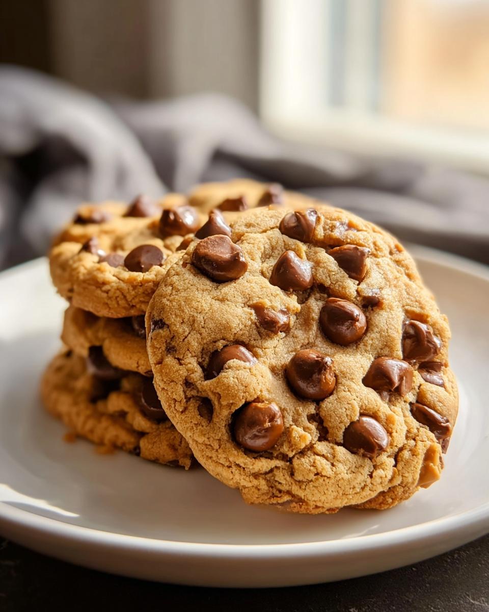 A stack of three perfectly baked Peanut Butter Chocolate Chip Cookies with rich flavor, loaded with melted chocolate chips, resting on a white plate.