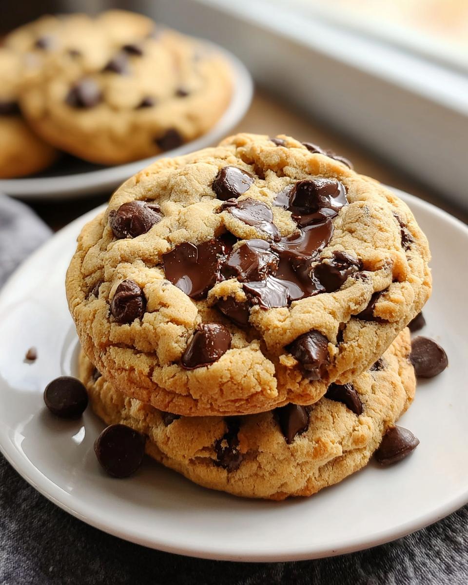 Two thick Peanut Butter Chocolate Chip Cookies stacked on a white plate with melted chocolate chips visible.