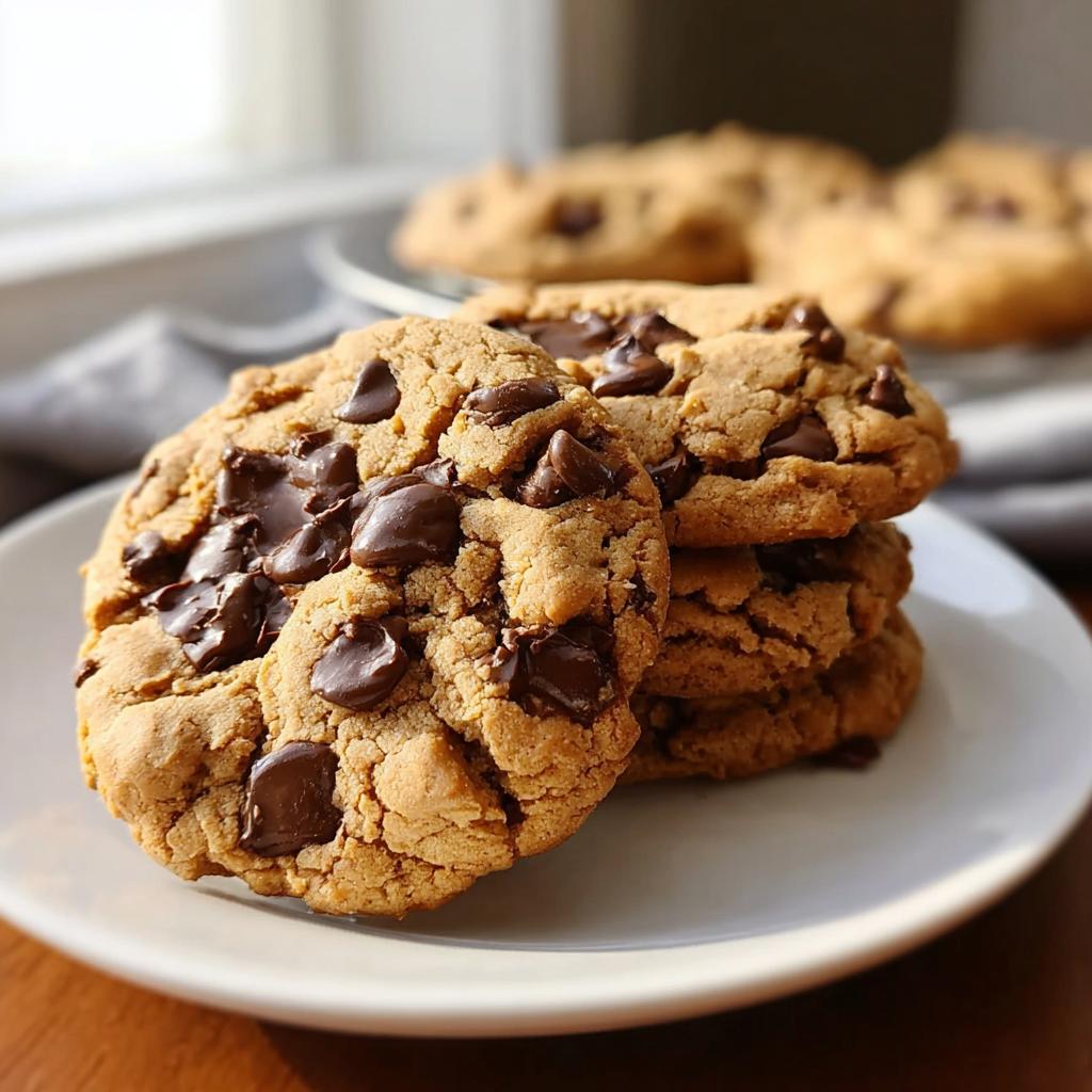 A close-up stack of three soft Peanut Butter Chocolate Chip Cookies with Rich Flavor on a white plate.