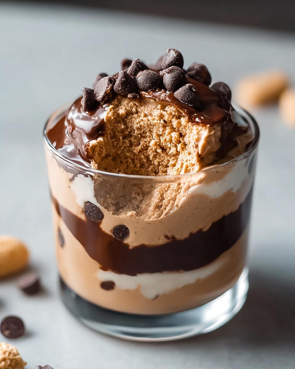 Close-up of Peanut Butter Cup Cottage Cheese Mousse layered with chocolate sauce and topped with chips.