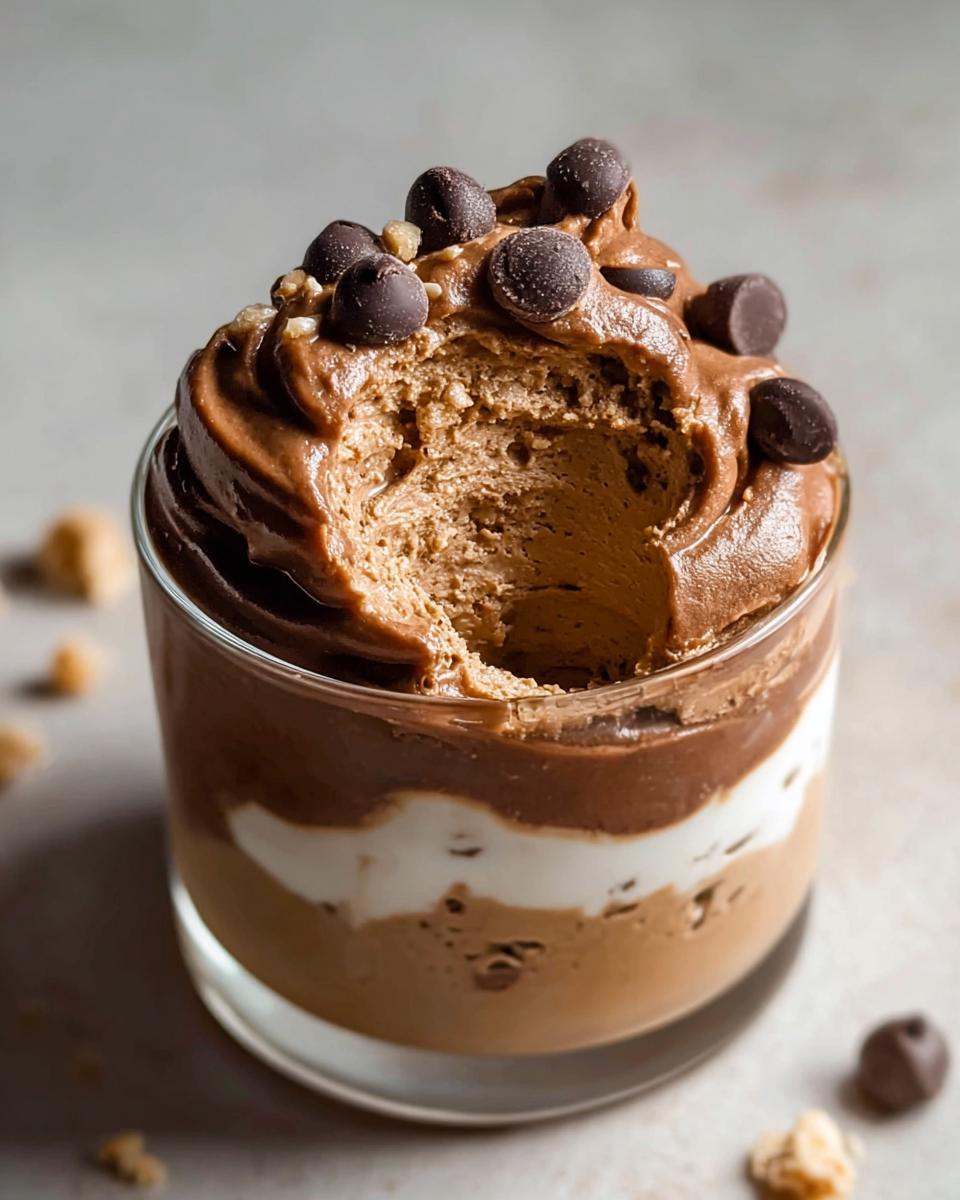Close-up of layered Peanut Butter Cup Cottage Cheese Mousse topped with chocolate chips.