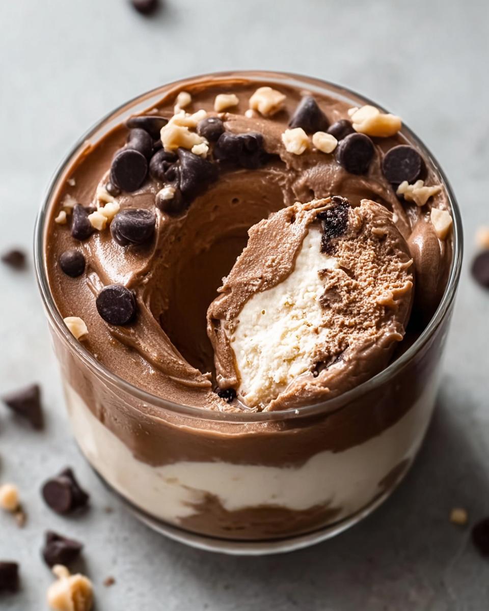 A scoop of Peanut Butter Cup Cottage Cheese Mousse being taken from a glass, showing chocolate and vanilla layers topped with chips.