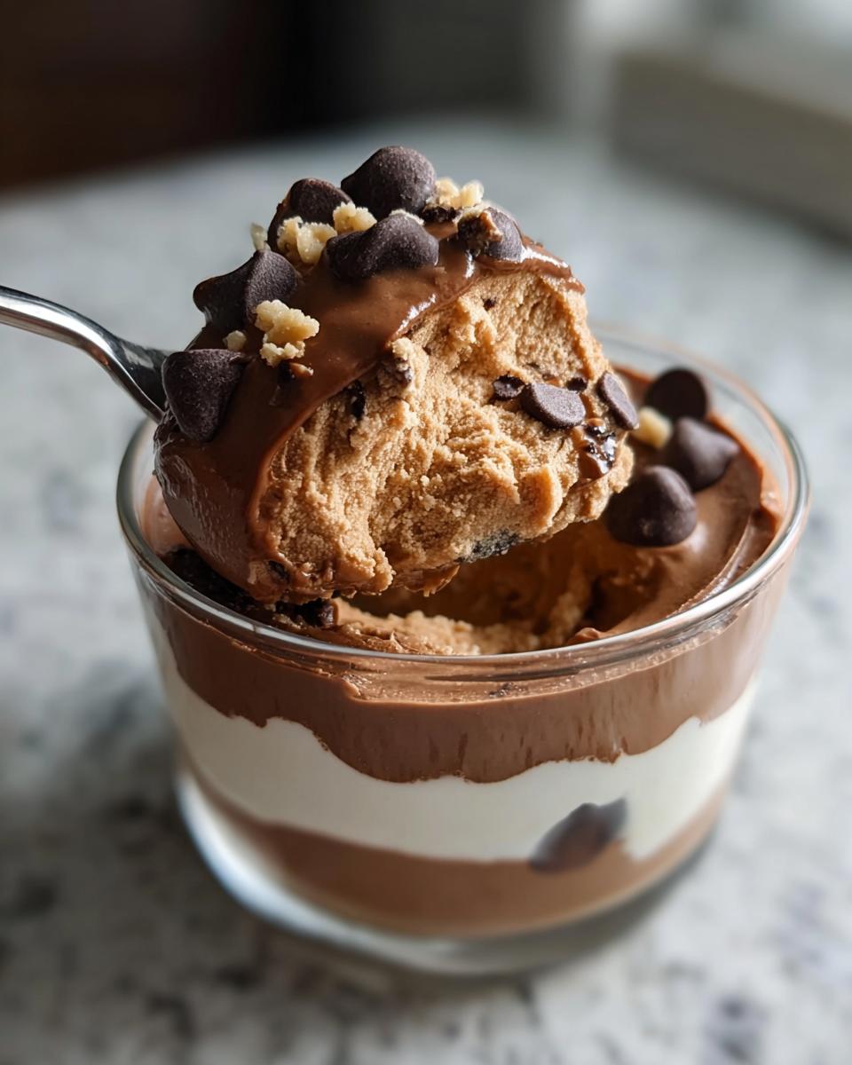 A spoonful of Peanut Butter Cup Cottage Cheese Mousse topped with chocolate sauce and chips is lifted from a layered dessert cup.