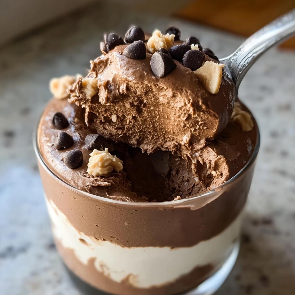 A spoonful of rich Peanut Butter Cup Cottage Cheese Mousse being lifted from a layered glass dessert.