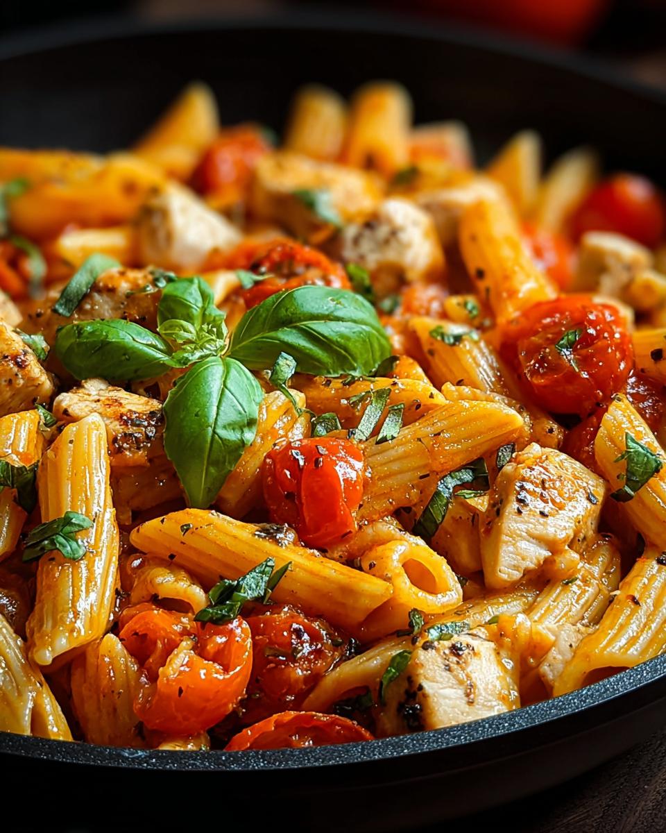 Close-up of penne pasta mixed with chicken pieces, cherry tomatoes, and fresh basil, coated in a rich Tomato Basil Pasta Sauce.
