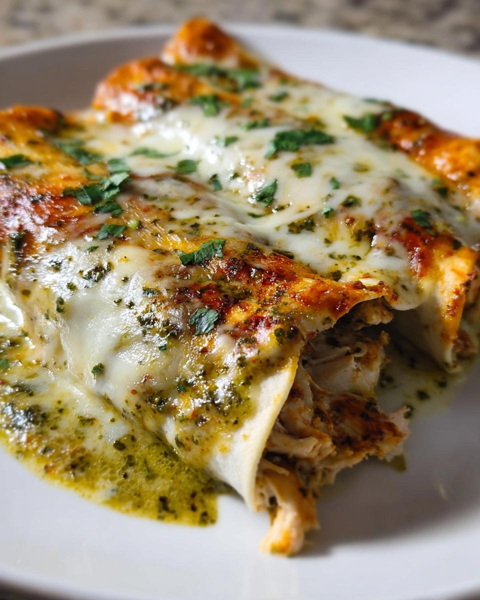 Close-up of two Chicken Enchiladas covered in melted white cheese and green pesto sauce, garnished with parsley.