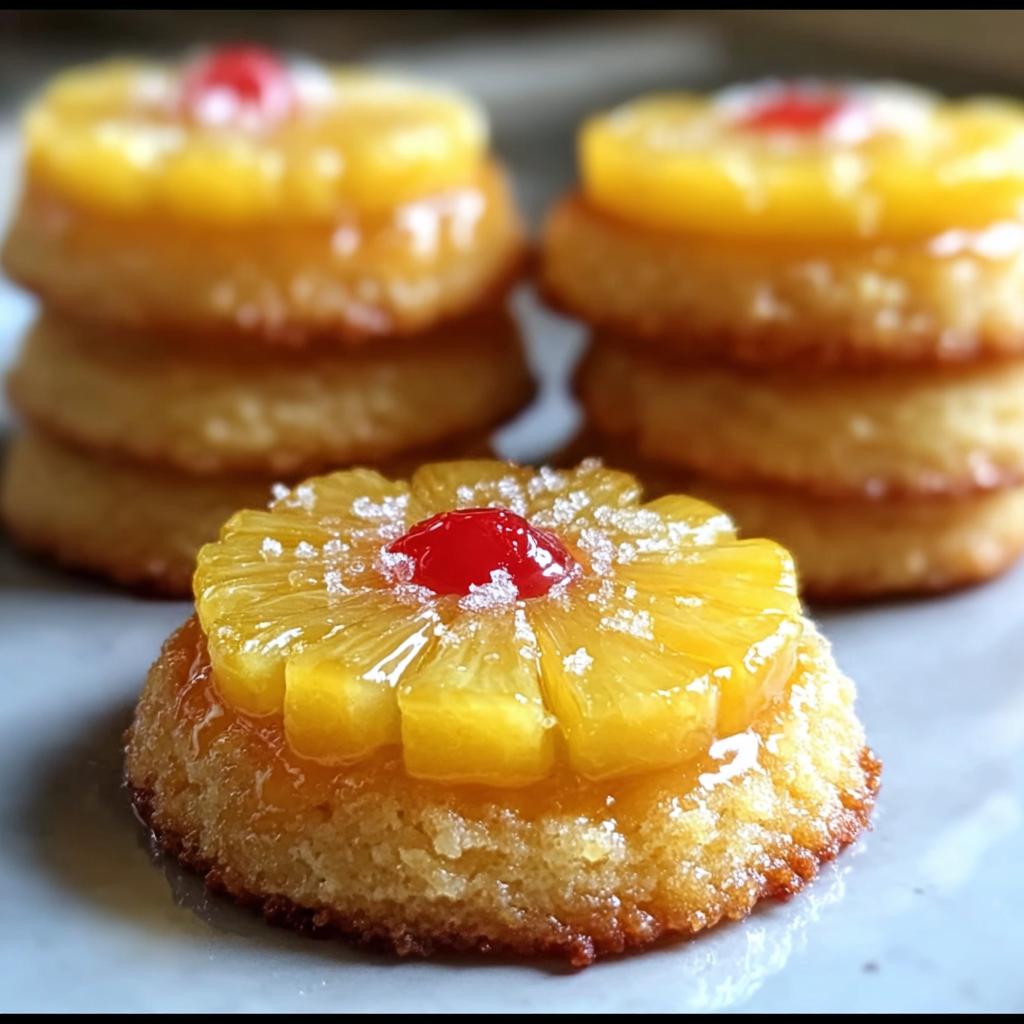 A close-up of a Pineapple Upside Sugar Cookie topped with a pineapple slice and a maraschino cherry.