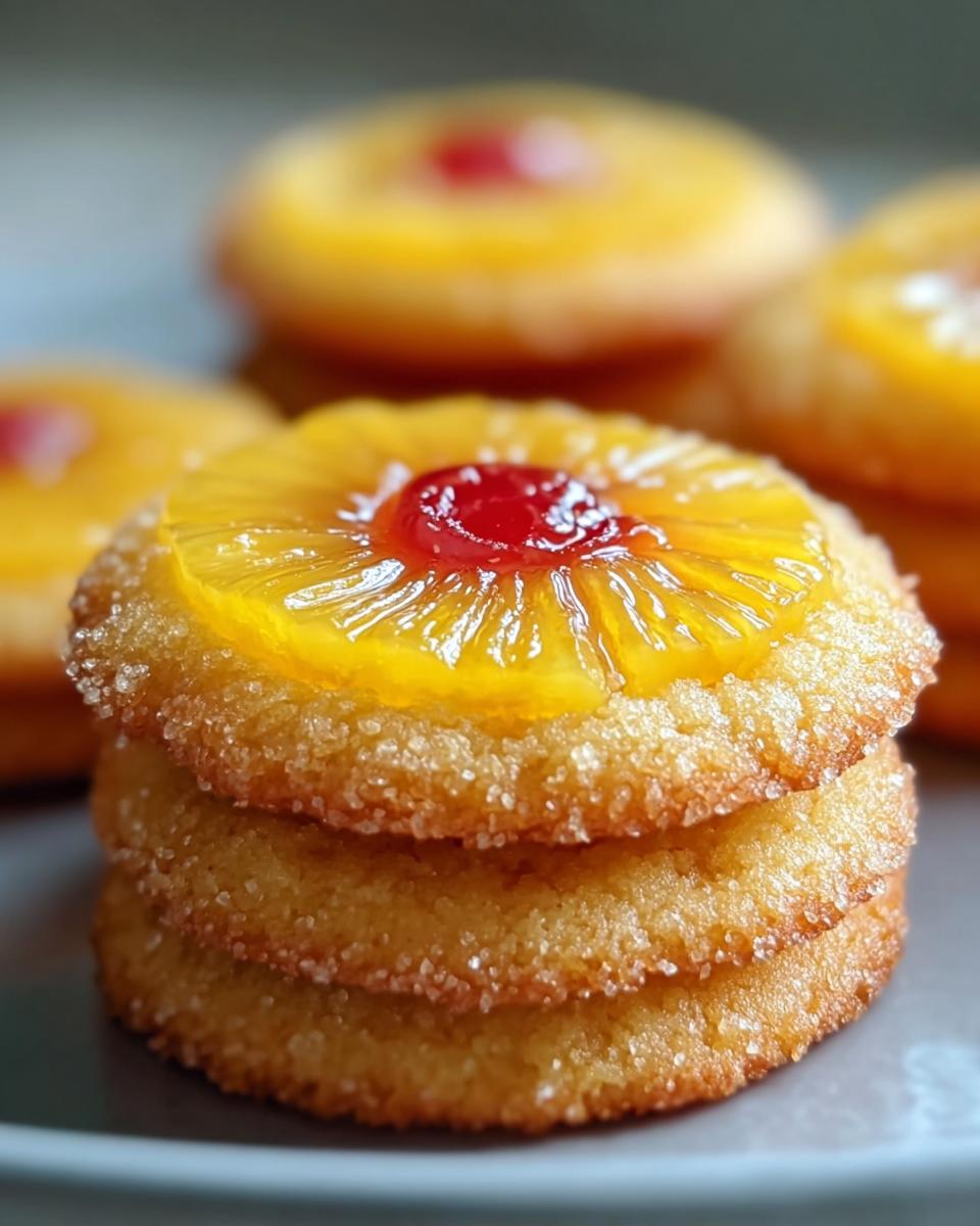 Close-up of a stack of three Pineapple Upside Sugar Cookies, topped with a pineapple ring and maraschino cherry.