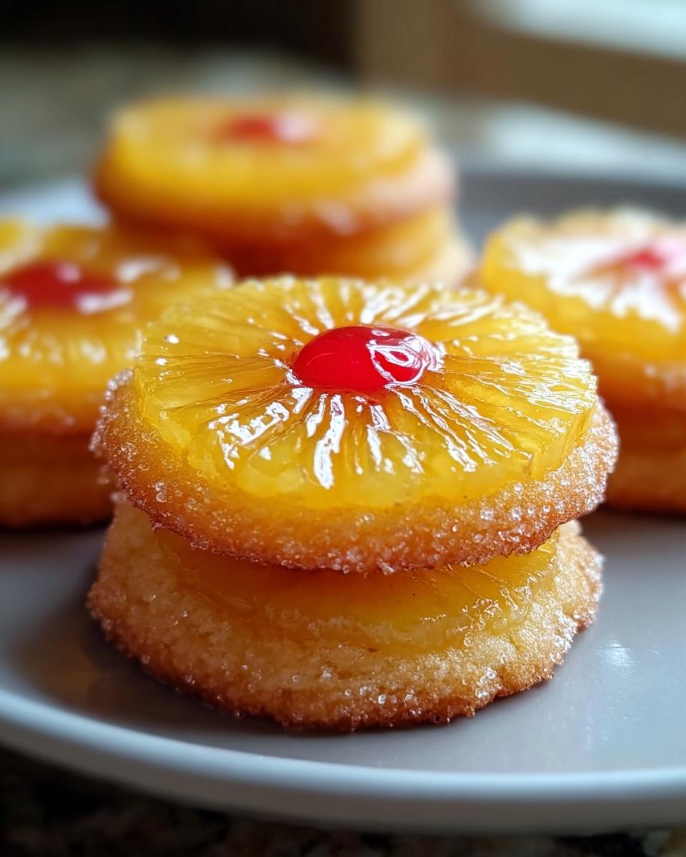 Two Pineapple Upside Sugar Cookies stacked, topped with a glazed pineapple slice and a maraschino cherry.
