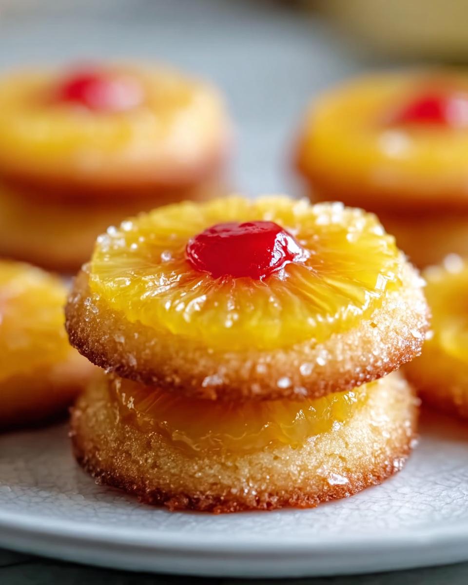 Close-up of two stacked Pineapple Upside Sugar Cookies, topped with caramelized pineapple and a maraschino cherry.