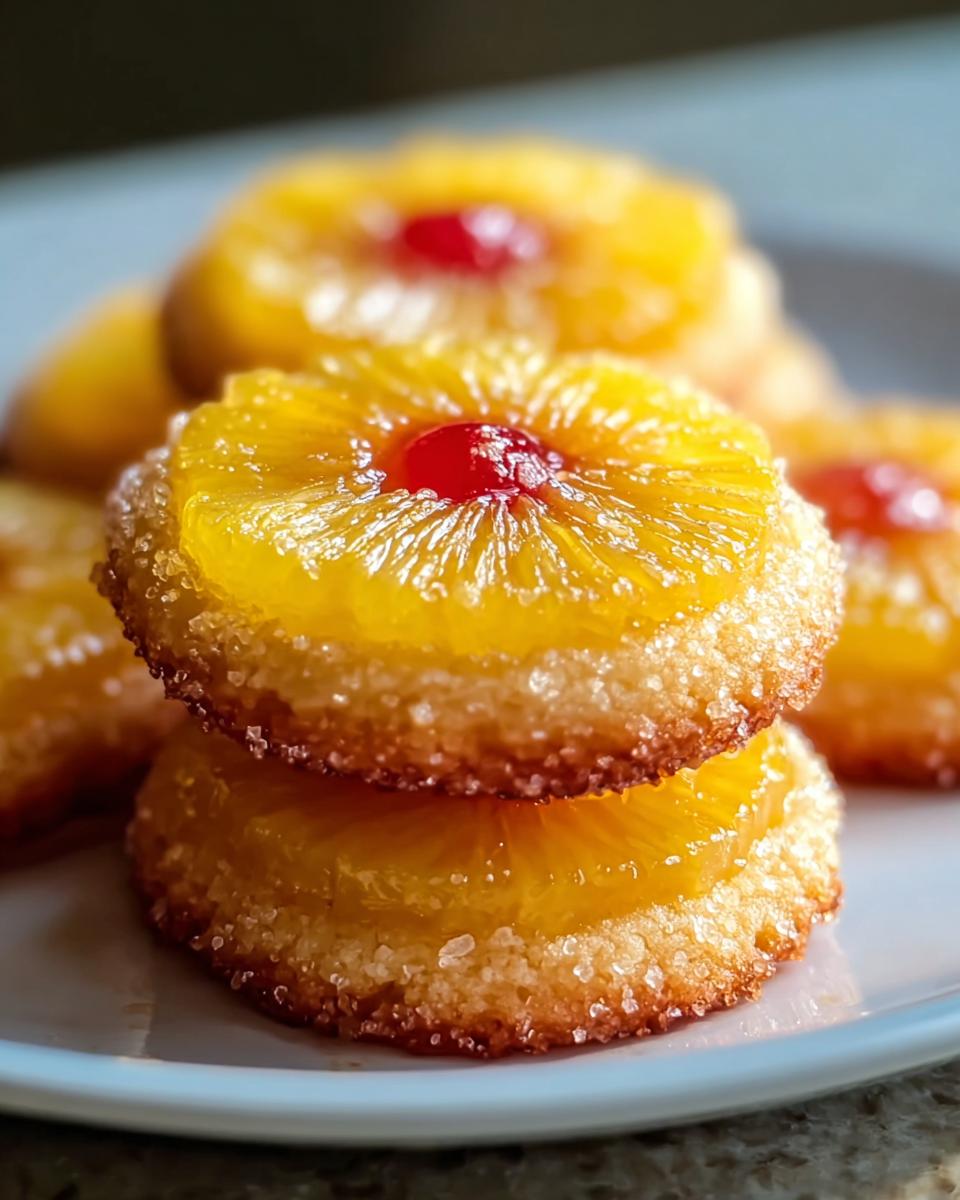 Close-up of two stacked Pineapple Upside Sugar Cookies topped with caramelized pineapple and a maraschino cherry.
